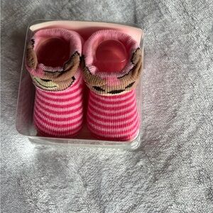 Striped Pink Baby Walker Socks with Bear Cuff